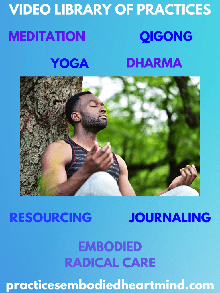 Video Library of Practices:
Meditation, Qigong, Yoga, Dharma, Resourcing, Journaling, Embodied Radical Care 
with image of person meditating near a tree